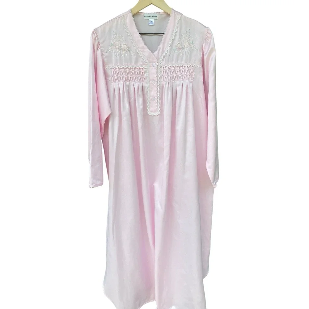 Miss Elaine Brushed Back Satin Long Nightgown M Pink Smocked Cottagecore Lace